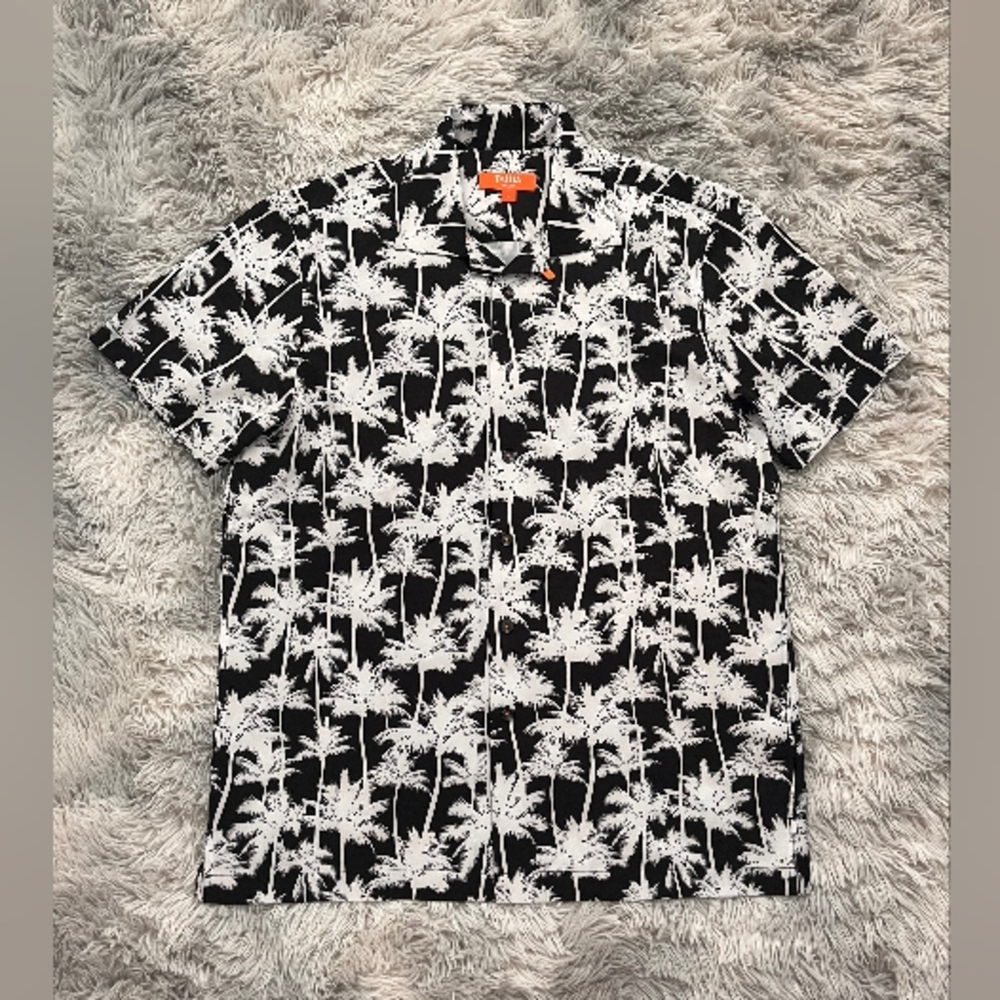 TALLIA Black and White Tropical Polo Shirt Size Large